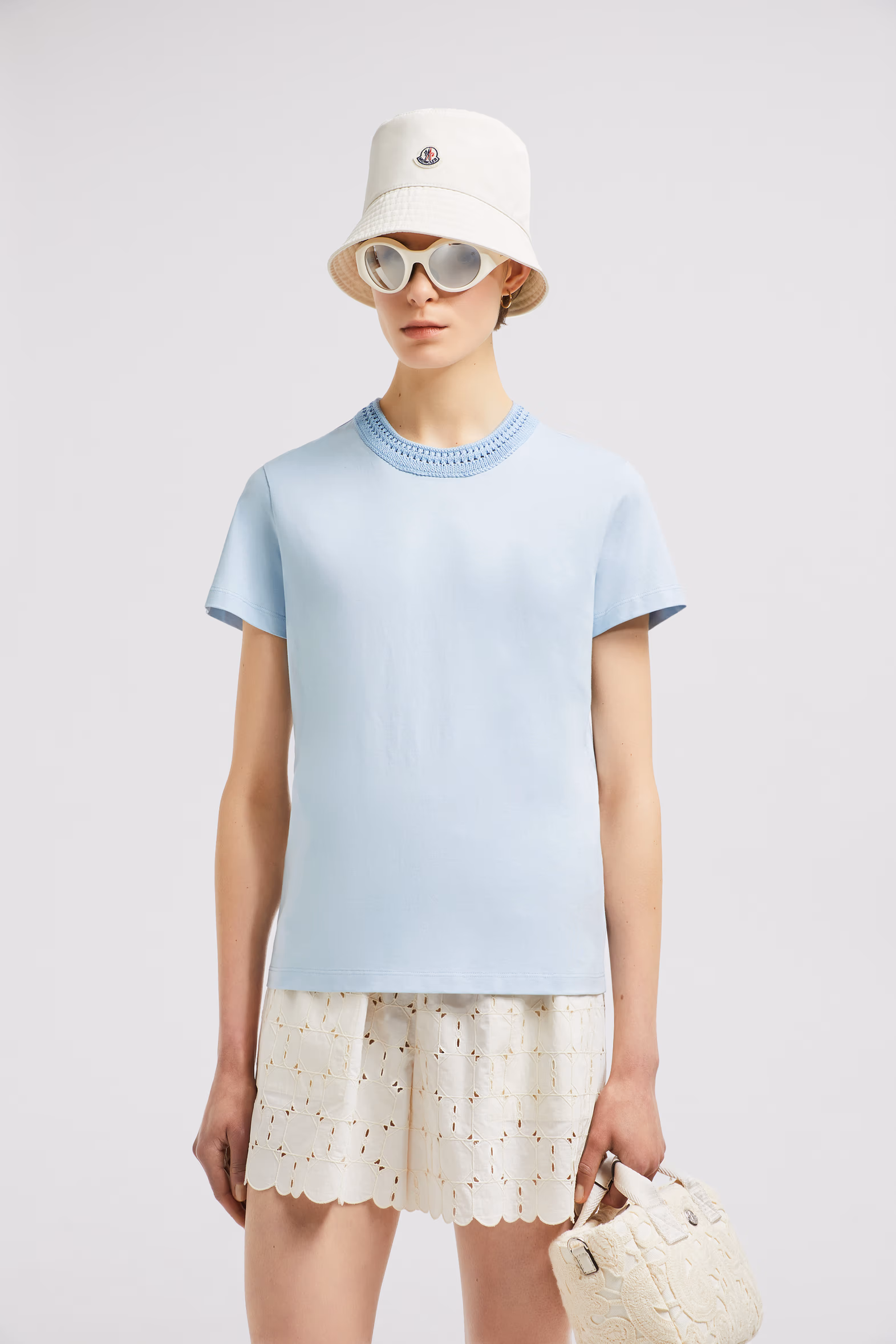 Crochet Accent Cotton T-Shirt Women Light Blue Moncler 0